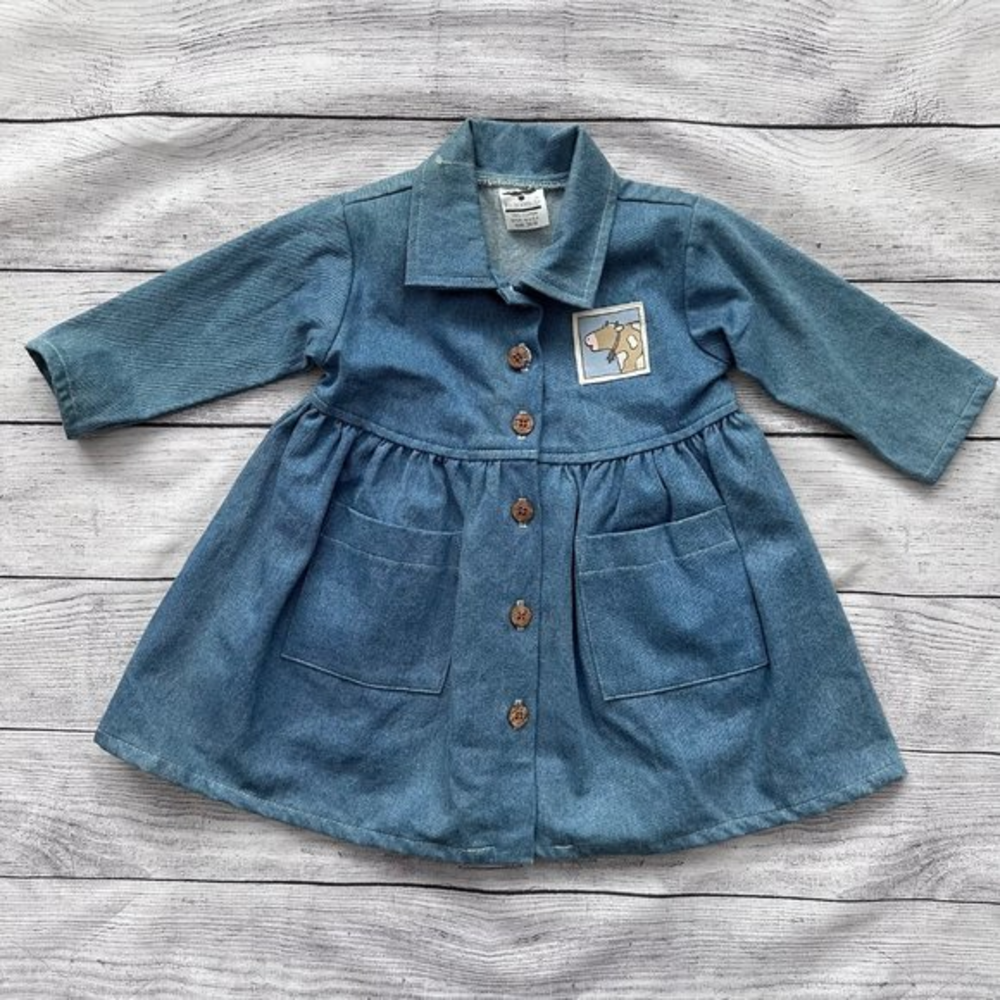 Vintage MULBERRIBUSH Baby Denim Dress N2WOT Cow Patch/Buttons Long Sleeve 24 mo.